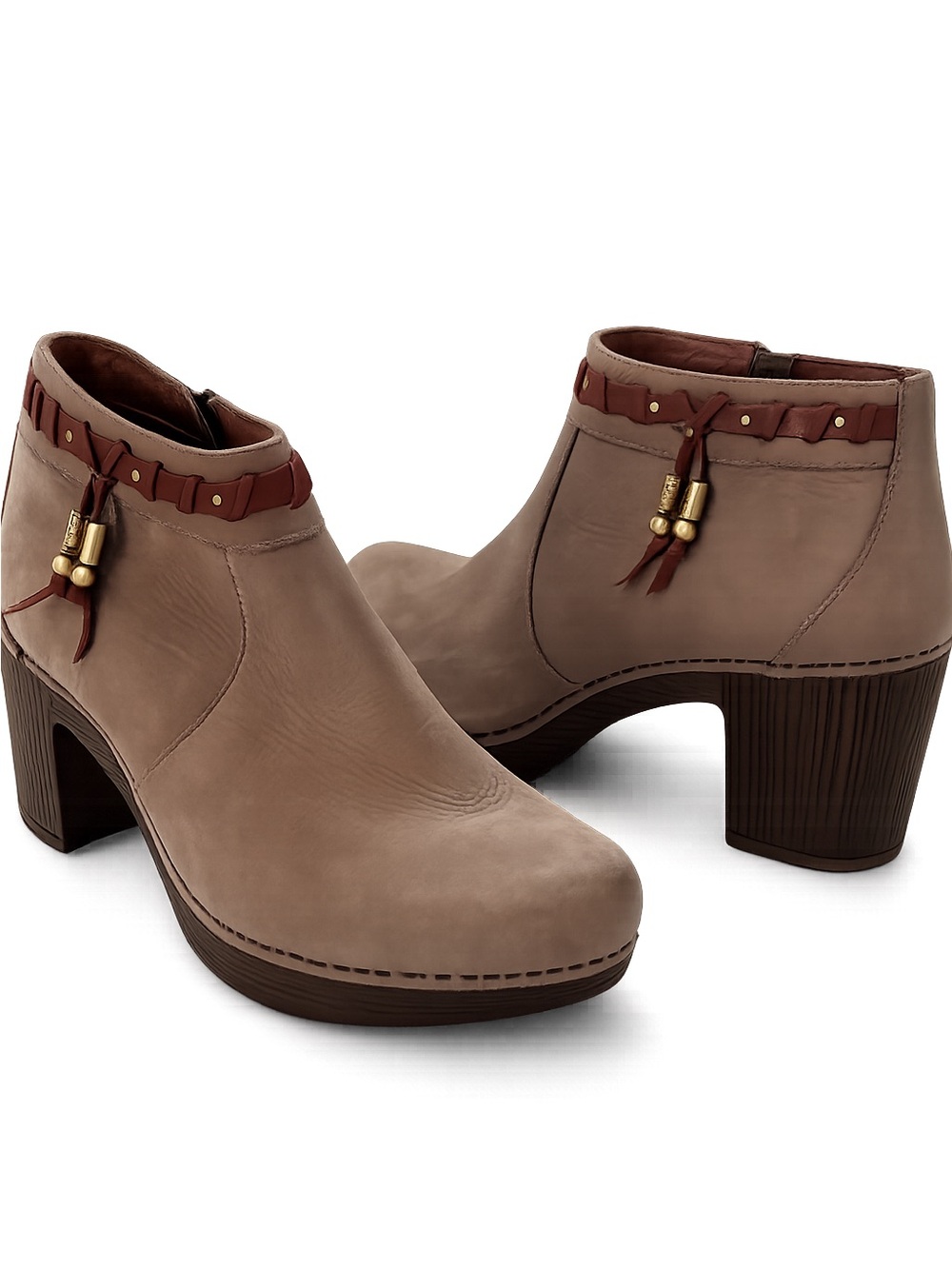 Dansko Dabney Ankle Boot w/ Decorative Trim - Taupe suede milled nubuck. Size 41